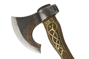 Close up of a viking battle axe with ornate gold knotwork handle isolated on transparent background