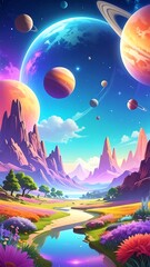 Surreal Landscape with Planets and Colorful Flora.