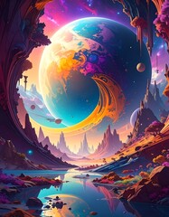 Surreal Planet Landscape with Vibrant Colors and Reflections.