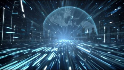 A cinematic abstract animation of vibrant electric lights speeding towards a glowing orb in a futuristic digital landscape - Powered by Adobe