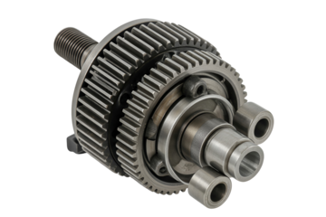 Close up of a complex mechanical differential gear assembly isolated on transparent background