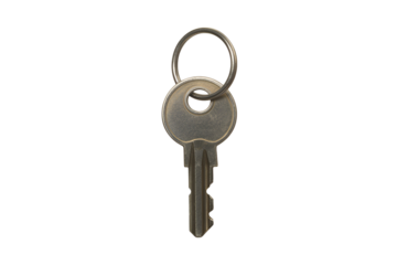 Single metal key with ring isolated on transparent background