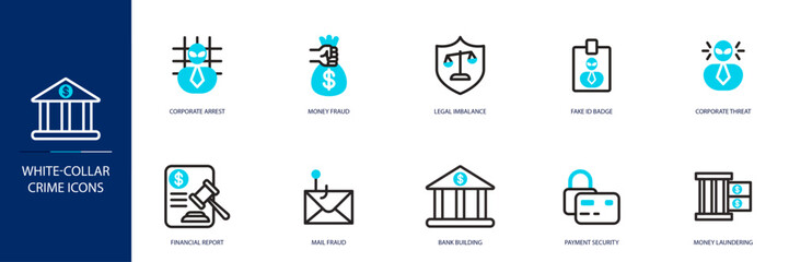 White-Collar Crime Blue Colored Outline Icon Set