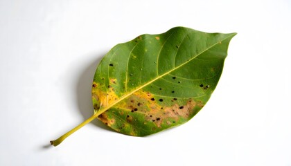 Isolated jackfruit leaf with yellowing and dark spots on a white background