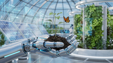A robotic hand gently cradles a young plant with a butterfly, symbolizing the integration of technology and nature in a futuristic sustainable environment.