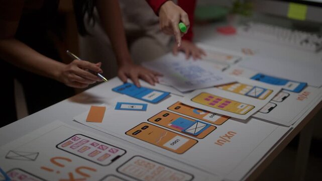Two creative web designers collaborating on a new mobile phone application. Team brainstorming and planning the user experience design