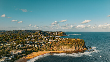 Aerial view of Mona Vale Beach, Northern Beaches NSW, Sydney, Australia. Suburbs and ocean. © Amanda