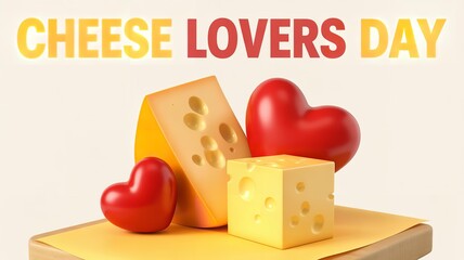 Cheese lovers day celebration with heart shaped tomatoes and cheese blocks on a wooden board