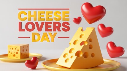 Cheese lovers day concept with cheese wedges on plates and floating red hearts around, romantic food