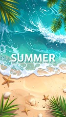 Summer Beach Scene with Starfish and Palm Leaves Illustration.