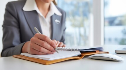 Professional Notes: A businessperson meticulously pens down thoughts and ideas in a notepad, capturing the essence of diligence and meticulous planning. 