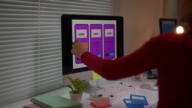 Creative UI designer developing a mobile application interface on a computer. The developer is arranging layout components for a new app