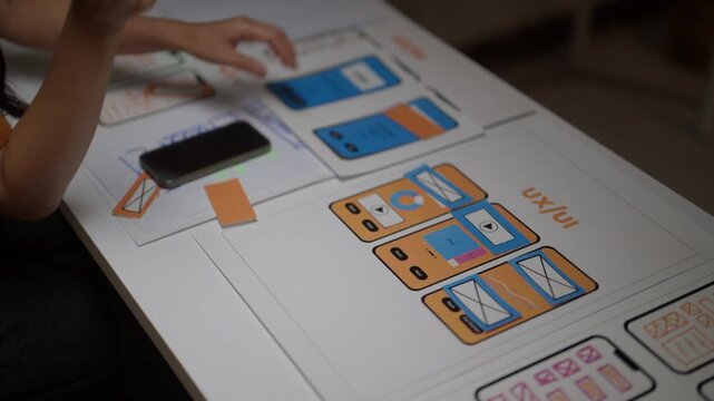 Close up of a creative web designer prototyping a new mobile application. Team brainstorming for a new user interface and user experience