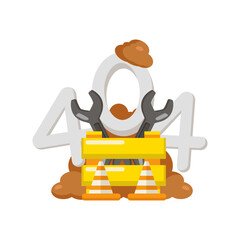 404 error page design with construction tools and barrier, symbolizing a website under repair or technical maintenance.