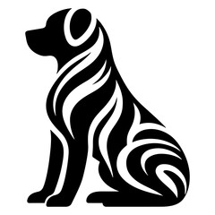 Abstract Black Dog Silhouette with White Swirls and Flowing Lines on White Background sitting