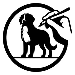 Black and white logo of a hand drawing a dog inside a circle puppy