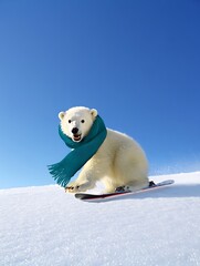 Fototapeta premium Cute white polar bear cartoon character skiing downhill on snowy winter slope, playful vector illustration for kids, holidays, Christmas designs, baby gifts, and sports themes.