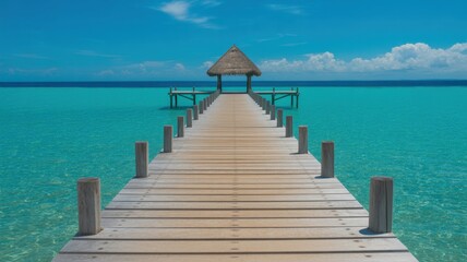 Fototapeta premium Serene Pier on Turquoise Waters: A wooden pier extends invitingly over the tranquil turquoise waters of a tropical paradise, leading to a charming gazebo, under a clear, cloud-dappled sky.