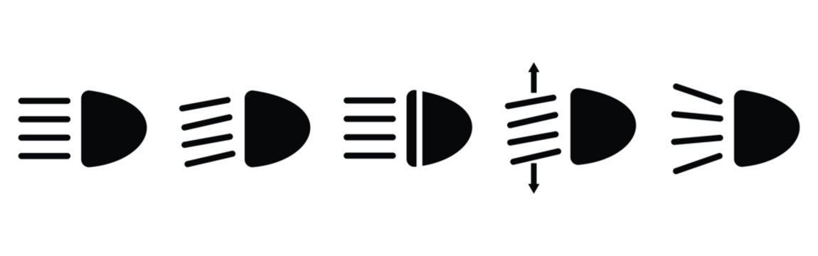 Car Headlight Signal and Vehicle Silhouette Icon Set with Front View and Side Profile Vector Pack