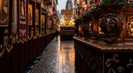 Fototapeta premium Holy Week Procession in Seville, Spain, with Ornate Floats and Reflective Wet Streets.