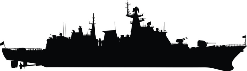 Modern military destroyer warship silhouette isolated on white background naval combat vessel maritime defense security power illustration concept ocean fleet © Shahariar's World