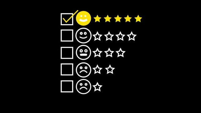 Animated set of rating stars and face icons with checkboxes on black background for customer satisfaction survey or user feedback, or review analysis