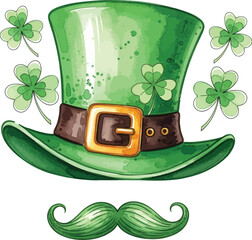 Leprechaun Hat with Green Mustache and Shamrocks Vector
