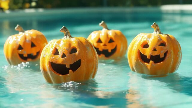 Four grinning jack-o'-lanterns float in water, with shallow depth of field. Sunny day scene