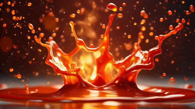  Dynamic hot sauce splash bursting forward in mid-air, glowing fiery particles around 