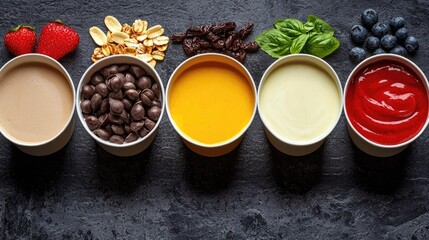 Vibrant dessert toppings and ingredients arranged artistically