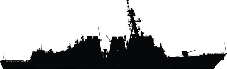 Modern military destroyer warship silhouette isolated on white background naval defense combat vessel maritime security power illustration © Shahariar's World