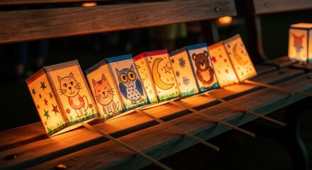 Illuminated paper lanterns with animal drawings glowing in the dark.