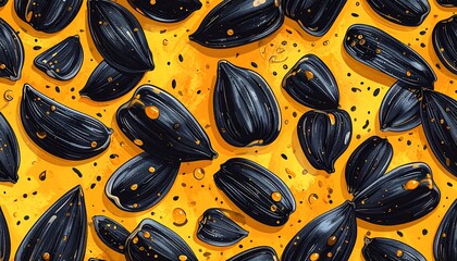 Sunflower Seeds on Yellow Background - A Detailed Close-Up.