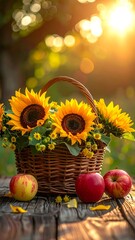 Sunflowers and Apples in a Basket on a Wooden Table.