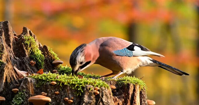 A colorful jay bird foraging on a moss-covered tree stump amidst a vibrant autumn forest
