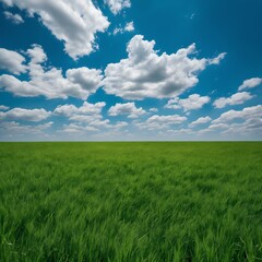 Fototapeta premium Vast green grass field under a clear blue sky with white clouds.