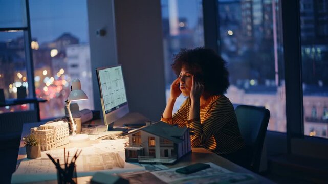 Tired architect sitting dark workplace massaging temples closeup. Fatigued woman
