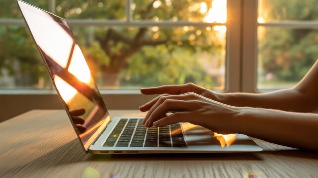 Hands at Work on a Laptop: A focused person diligently works on a laptop, their hands skillfully navigating the keyboard, set against a backdrop of a sunlit window.