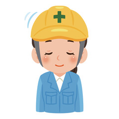 お辞儀する作業服を着てヘルメットを被った女性　上半身イラスト／Woman wearing work clothes and a safety helmet bowing, upper body illustration