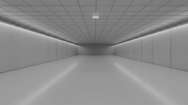 Modern minimalist concrete hallway with subtle lighting and geometric patterns.