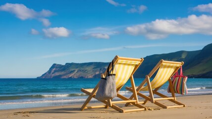 Seaside Serenity: Two deckchairs facing towards the vast ocean on the shore on a bright sunny day, the idyllic landscape sets a tone of relaxation, peace and solitude.