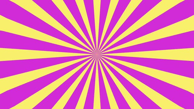 Starburst with purple and yellow rays spinning motion, symmetrical abstract background for vibrant design, motion graphics, and visual emphasis