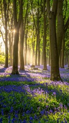 Sunlit Bluebell Forest - A Springtime Symphony of Light and Color.