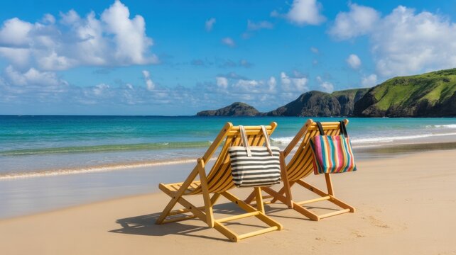 Beach Chairs and Bags: Two empty beach chairs sit invitingly on a sandy shore, with bags, set against the backdrop of a bright blue sky and calm ocean. - Powered by Adobe