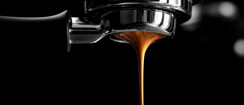 Close up of fresh espresso flowing from a coffee machine against black backdrop