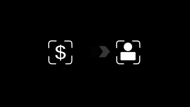 Dollar sign icon and user profile icon connected by animating arrows on a black background, user acquisition, customer generation, monetization process, or financial flow