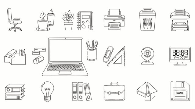 Set of office supplies and equipment icons, line art, business and technology concept
