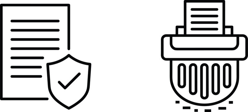 Professional document security and information disposal line icon set featuring a verified secure file shield and a paper shredder for sensitive data destruction.
