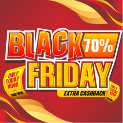 Black Friday Sale discount Off Banner. Red wavy background with extra cashback text. Bold orange typography vector illustration.