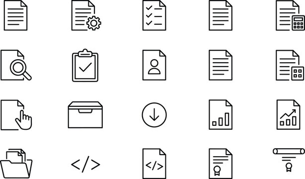 Professional document management and administrative data processing line icon set featuring digital filing, automated reports, legal certification, and document search symbols.